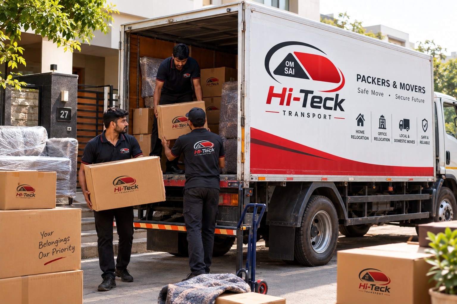 Hiteck Transport crew loading a branded moving truck with packed boxes